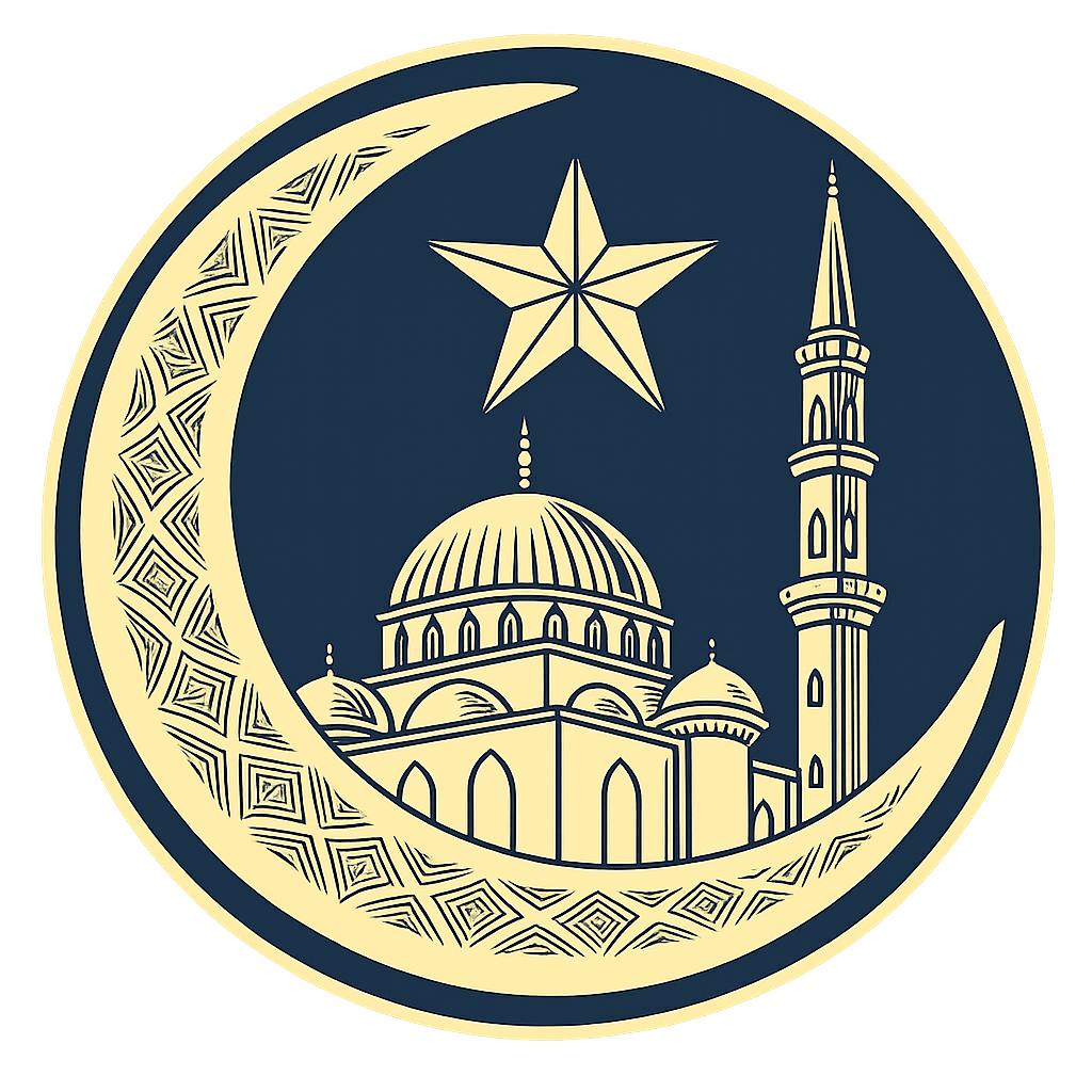 Mosquée jaune dans un croissant de lune sur fond bleu